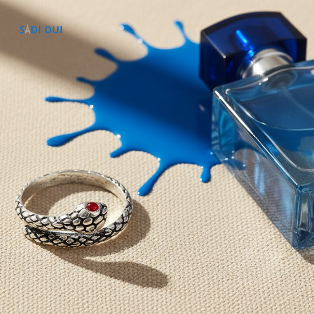 Anel Serpente Base em aço inoxidável prateado com detalhe vermelho em fundo bege com frasco e líquido azul
